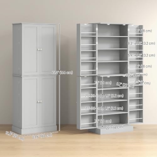 HOMCOM 65" Kitchen Pantry Storage Cabinet 16 Door Shelves Gray
