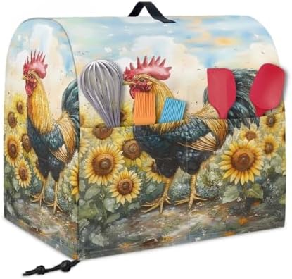 Rooster Sunflower Mixer Cover Kitchen Aid Stand Mixer Dust Proof Covers with Handle and Front Pockets Kitchen Aid Mixer Cover for 4.5-5 Qt Mixer,Coffee Maker Toaster Machine Dust Cover