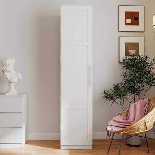 KEIKI 15.75" W Slim Kitchen Pantry Storage Cabinet with Door-Side Rack & Shelves, Tall Narrow Freestanding Sideboard Wood Hutch Food Pantries Cupboard for Coffee Bar, Dining Room