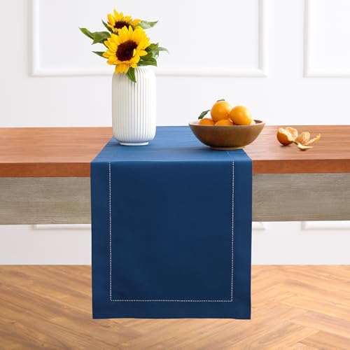 Solino Home Cotton Linen Table Runner Lapis Blue Hemstitch, 14 x 120 in