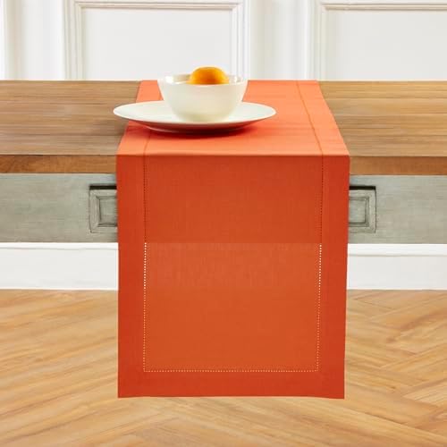 Solino Home Cotton Linen Table Runner Burnt Orange Hemstitch, 14 x 120 in
