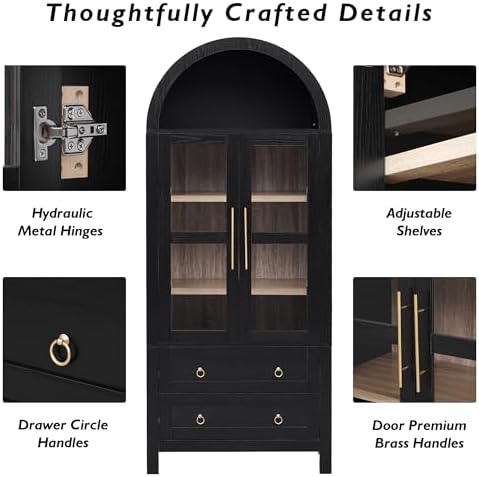 Ball & Cast Arched Kitchen Pantry Cabinet with Glass Door&2 Large Drawers,Modern Farmhouse Kitchen Storage Cabinets W/Adjustable Shelves,Wood Versatile Cupboard for Kitchens,Dining Room,Black,71" Tall