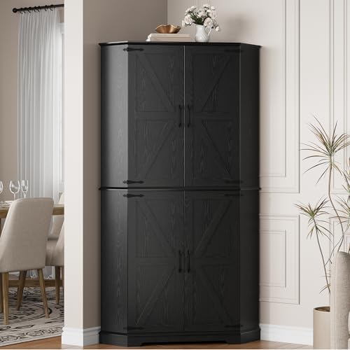 IRONCK Corner Cabinet, 72" Farmhouse Pantry Cabinet, Black