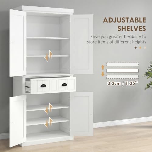 HOMCOM 72" Traditional Kitchen Pantry Cabinet, Freestanding Tall Storage Cabinet with 4 Doors, Drawer and 3 Adjustable Shelves for Dining Room, Cream White