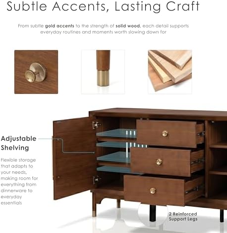 Furniture of America Forma Mid-Century Modern 69-inch Solid Wood Sideboard Buffet Cabinet with 2 Storage Compartments, 6 Shelves and 3 Drawers for Living Room, Dining Room, Office, Walnut