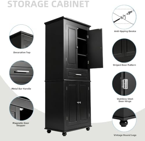 Merax 63" Pantry Cupboard with Four Doors & One Drawer, Bathroom Storage Cabinet with Adjustable Shelves for Home/Living Room/Dining Room/Kitchen, Black