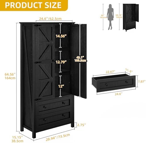 YITAHOME 64.5" Farmhouse Pantry Cabinet with 2 Drawers & Shelves, Oak Black