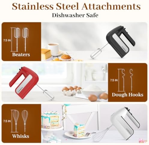 5-Speed Electric Hand Mixer, 800W Handheld Mixer with Turbo for Baking & Cooking, Kitchen Food Mixer with Storage Case & 6 Stainless Steel Attachments (2 Beaters, 2 Dough Hooks, 2 Whisks)-Red