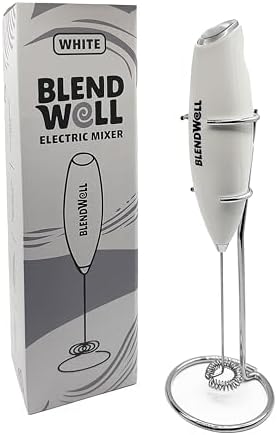 BlendWell Electric Milk Frother for Matcha and Coffee, Handheld Battery Operated Drink Mixer with Stand, Stainless Steel Whisk, White