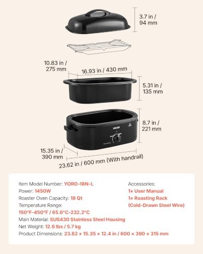 VEVOR Electric Roaster Oven, 18 Qt, Turkey Roasting Pan, Black, Metal Lid