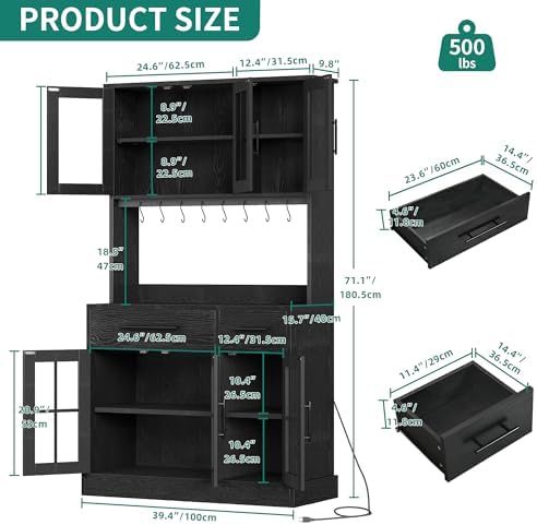 YITAHOME 71" Tall Kitchen Pantry Cabinet with Microwave Stand, Black Oak