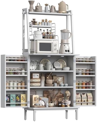 kepptory 51" Kitchen Baker's Rack with Storage, Microwave & Toaster Oven Stand, Freestanding Coffee Bar Station with Wine Glass Holder & Side Storage Shelves, White