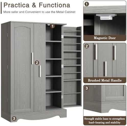 kepptory 47" Kitchen Pantry Cabinet with Drawer, Freestanding Food Storage Cabinet with Doors and Adjustable Shelves, Floor Cupboard Organizer for Dining Room Gray