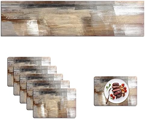 Mcalk Brown Table Runner and Placemats Set of 6 Pieces, Beige Placemats Modern Art,Abstract Art Cloth Place Mats Indoor for Kitchen,Washable Placemats Linen Material for Dining Table