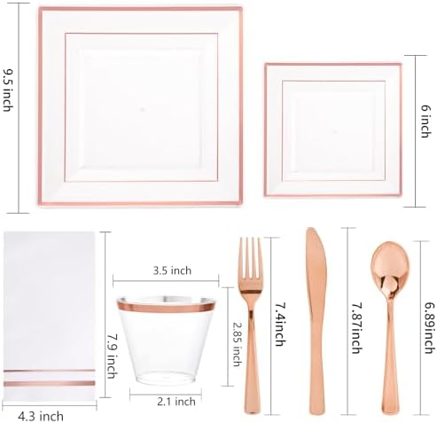 Festiva 350Pcs Rose Gold Plastic Plates - Clear Rose Gold Disposable Dinnerware Sets for 50Guests include 100 Plates 50 Cups 50Plastic Cutlery 50Napkins for Fall Party&Wedding& Bridal Shower