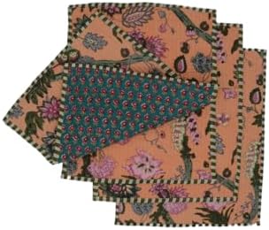 Cotton Block Print Quilted Reversible Placemats with Napkins, Floral Design, Dining Table Decor for Everyday Use, Set of 4 (Teal/Orange)