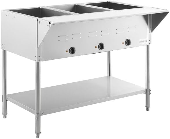 3-Pan Electric Steam Table, Stainless Steel, 120V 1500W, Open Well with Undershelf, 43x30x34 Inches, Commercial Food Warmer for Indoor Use