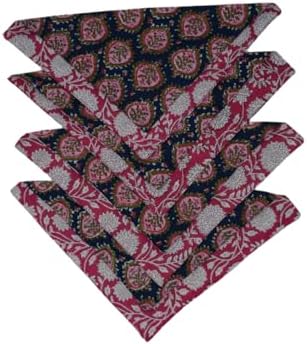 Cotton Block Print Quilted Reversible Placemats with Napkins, Floral Design, Dining Table Decor for Everyday Use, Set of 4 (Navy/Pink)