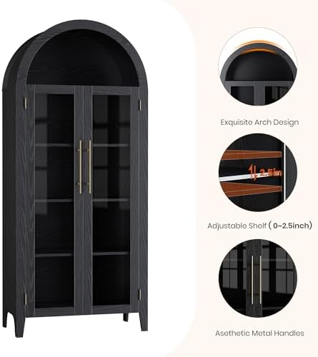 GarveeHome Arched Kitchen Pantry Cabinet - Farmhouse 5 Tier Display Shelf with Adjustable Shelf and 2 Large Glass Doors, Versatile Storage Cupboard for Kitchen, Dining Room, Living Room, Black