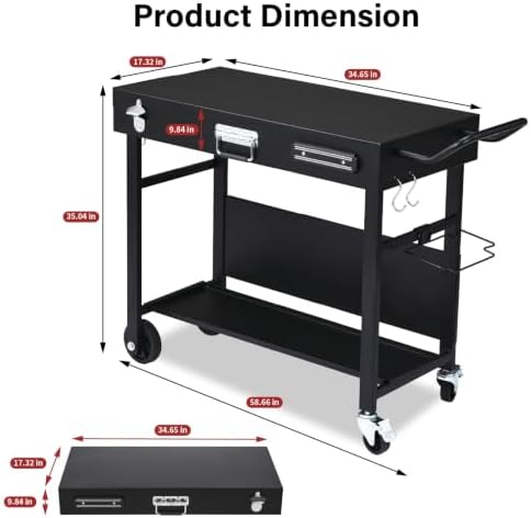 Portable Outdoor Grill Table Cart with Wheels, Foldable BBQ Prep Station, Rolling Food Prep Table with Bottle Opener, Seasoning Tray, Trash Bag Holder, Lower Shelf, Black