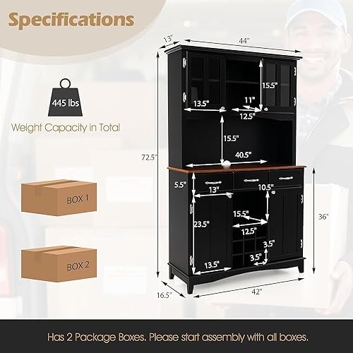 72.5'' Kitchen Pantry Cabinet, Tall Buffet Sideboard w/ 3-Position Adjustable Shelves & 9-Grid Wine Rack, Freestanding Microwave Cabinet for Kitchen, Dining Room, Living Room (Black)