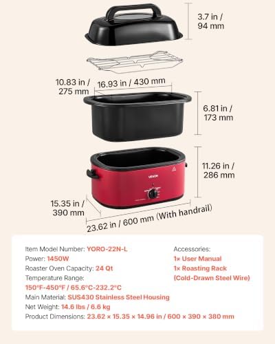 VEVOR Electric Roaster Oven, 24 Qt, Turkey Roasting Pan, Red, Viewing Lid