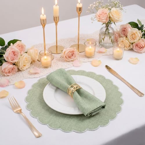 Set of 6 Sage Green Cotton Placemats 15" Round Scalloped White