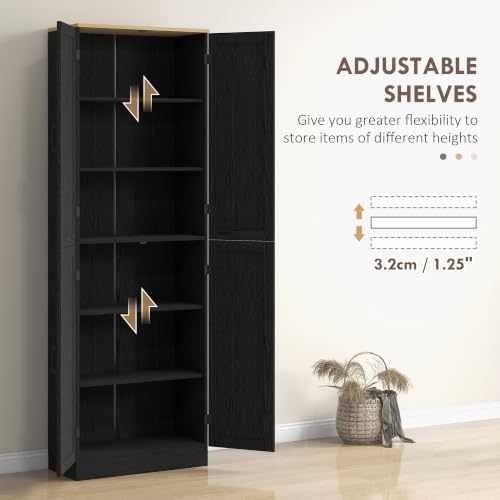 HOMCOM 67" Freestanding Kitchen Pantry 4-Door Cabinet Distressed Black