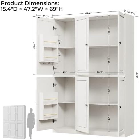 IRONCK Kitchen Pantry Storage Cabinet, 47.2" W x 69" H, 6 Doors, White