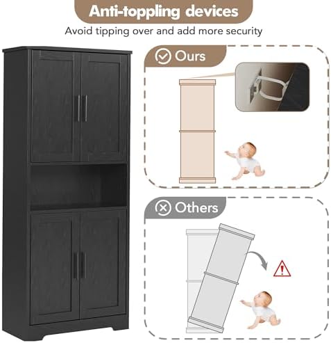 Takywep Modern Tall Freestanding Pantry Cabinet 70", Storage Cupboard with 4 Doors, Adjustable Shelves & Open Shelf, Multipurpose Home Organizer for Living Room, Kitchen, Dining Room, Black