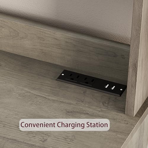 IDEALHOUSE Bakers Rack with Storage Cabinet, Microwave Stand with Power Outlets, Farmhouse Bakers Rack with Thick Table Top, Small Kitchen Pantry for Kitchen,Dining Room,Retro Gray