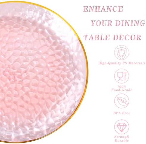 Rubtlamp 100Pcs Clear Pink Gold Plastic Plates, Pink Disposable Plates With Gold Rim, Hammered Plastic Plates Include 50 Clear Dessert Platos, 50 Dinner Platos for Party
