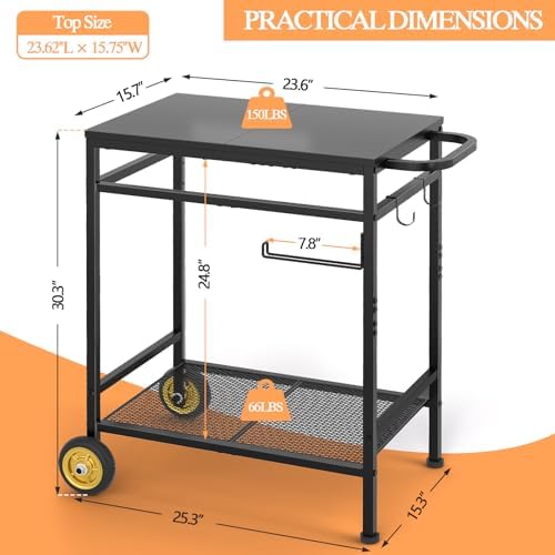 2-Tier Outdoor Grill Table with Wheels, Movable Cooking Food Prep Table for Outside BBQ Gathering, with 23.62" Lx 15.75" W Rust-resistant Tabletop, Griddle Stand for Patio & Backyard & Tools Room
