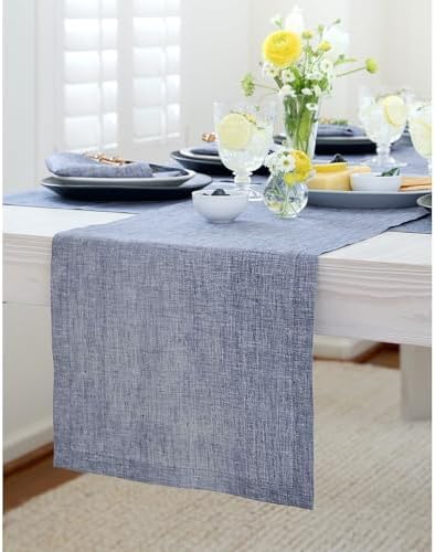 Solino Home 100% Pure Linen Table Runner Indigo Long, Athena 14 x 144 in