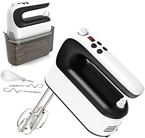 Yomelo 9-Speed Digital Hand Mixer Electric, 400W Powerful DC Motor, Hand Mixer Electric Handheld with Snap-On Storage Case, 5 Stainless Steel Accessories, Beaters, Dough Hooks, Whisk(White/Black)