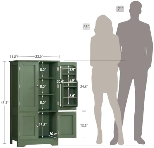 TEENFON 43" H Storage Cabinet with 4 Doors 67" Tall Bathroom Cabinet with Adjustable Shelves and Doors, Green