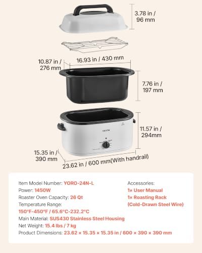VEVOR Electric Roaster Oven, 26 Qt, Turkey Roasting Pan, White, Viewing Lid