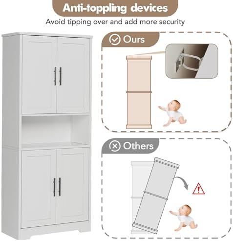 Takywep Modern Tall Freestanding Pantry Cabinet 70", Storage Cupboard with 4 Doors, Adjustable Shelves & Open Shelf, Multipurpose Home Organizer for Living Room, Kitchen, Dining Room, White