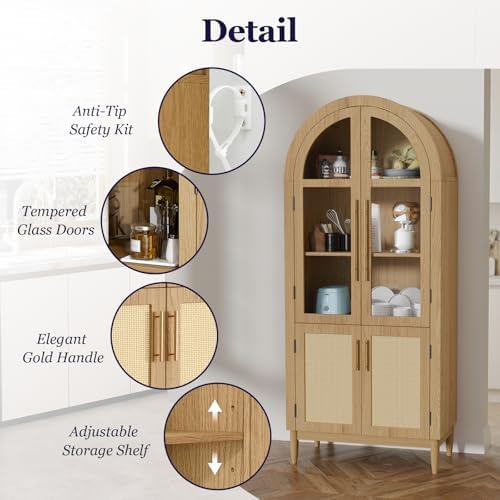 71" Tall Arched Cabinet with Glass Doors, Kitchen Pantry Storage Cabinet with Dust-Proof Rattan, 5-Tier Curio China Cabinet with Adjustable Shelves for Living Room Dining Room, Oak