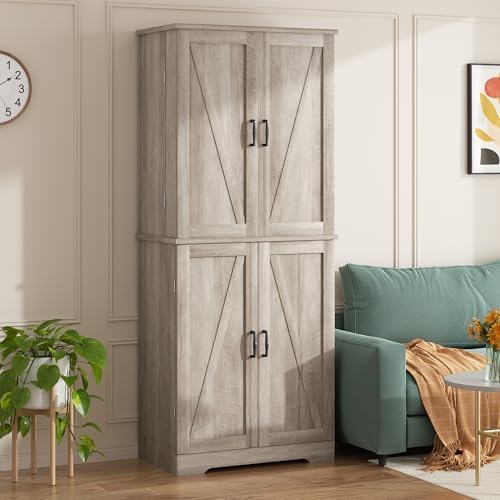 Shintenchi Kitchen Pantry Cabinet, Farmhouse Tall Cupboard, Ash Gray