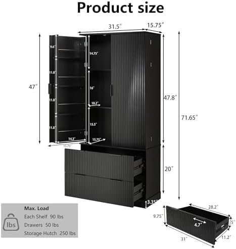 KEIKI 72" Fluted Kitchen Pantry Cabinet with 2 Drawers & 8 Door Spice Racks, Tall Freestanding Storage Cabinet with Adjustable Shelf for Kitchen, Dining Room, Bathroom, Black