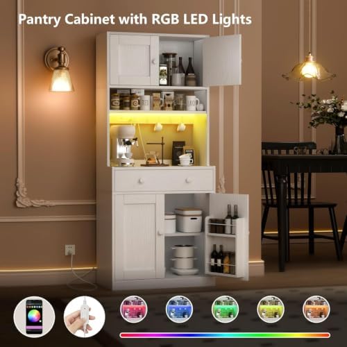 71" Tall Kitchen Pantry Cabinet with Microwave Countertop, LED Lights White