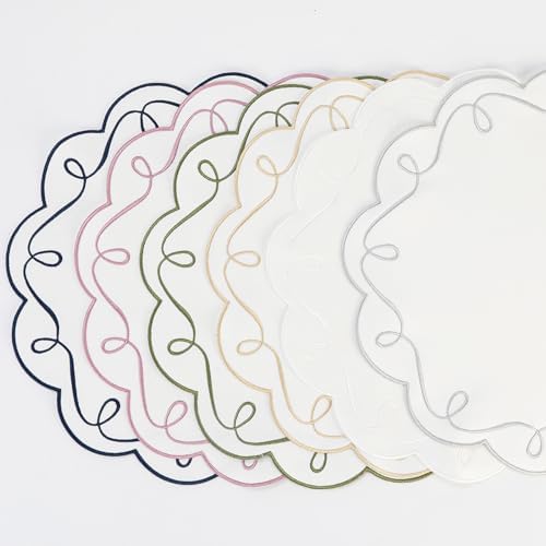15 Inch Ribbon Twirl Embroidery Round Placemats Set of 4, Scalloped Round Table Mats for Party Kitchen Dining Decoration, White