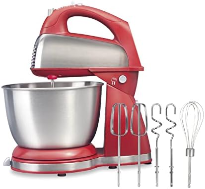 Hamilton Beach Classic Stand and Hand Mixer, 4 Quarts, 6 Speeds with QuickBurst, Bowl Rest, 290 Watts Peak Power, Red (64654)