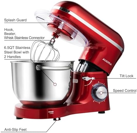 Aucma Stand Mixer,6.5-QT 660W 6-Speed Tilt-Head Food Mixer, Kitchen Electric Mixer with Dough Hook, Wire Whip & Beater (Red, 6.5QT)
