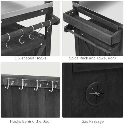 Merax 53.3" Outdoor Kitchen Island with Raised Shelf, Solid Wood Storage Cabinet with Stainless Steel Top, Rolling Grill Cart, Adjustable Shelf, Black