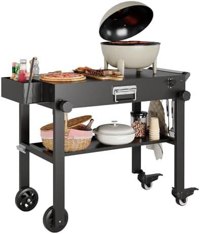 Heavy Duty Folding Grill Cart for Blackstone 17"/22" Griddle - Portable Outdoor BBQ Table with Stainless Steel Tabletop and Locking Wheels, Rolling Catering Food Cart for Camping and RV, Black