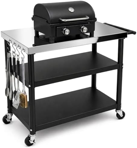 100% Stainless Steel Outdoor Grill Table, Heavy Duty BBQ Rolling Grill Cart for Patio Backyard Pizza Oven