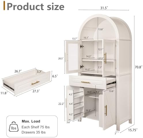 71" Tall Arched Kitchen Pantry Cabinet with Glass Door,Farmhouse Modern Wood Arched Cabinetsw/Adjustable Shelves & Drawer, Accent Cabinet with Barn Door for Kitchen, Living & Dining Room, Bathroom