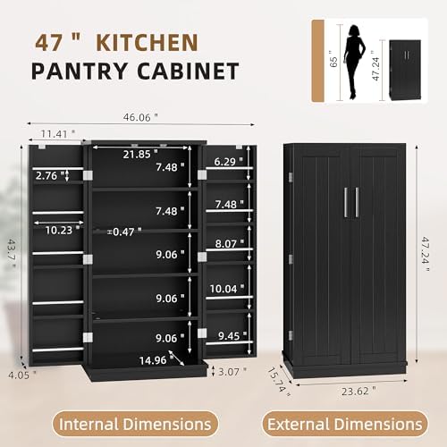 Shintenchi 47'' Kitchen Pantry Cabinet, 5-Layer Storage Cupboard, Black